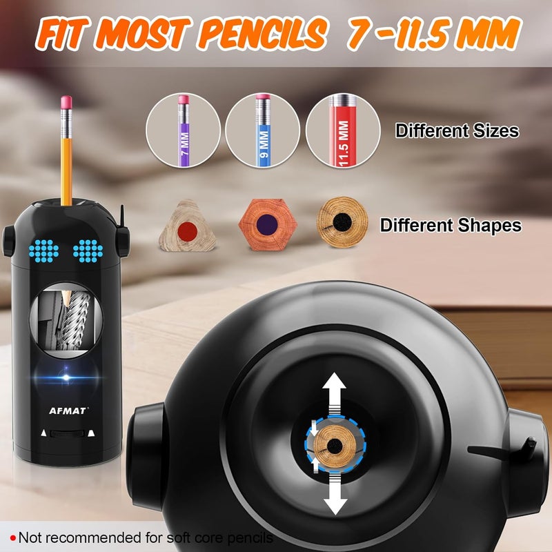 AFMAT Electric Robot Pencil Sharpener for Colored Pencils 7-11.5mm, Auto In & Out, Fully Automatic Rechargeable Hands-Free for Home & Classroom, Black - Image 3
